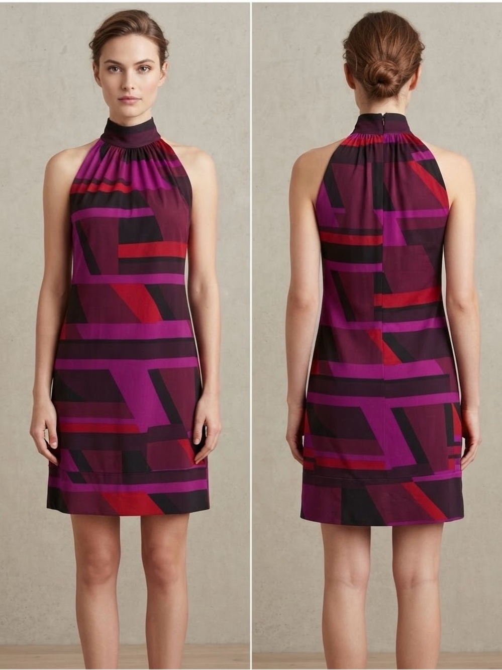 American Living Halter Geo Print Shift Dress in Plum, Magenta and Red